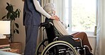 Senior care, nurse and holding hands with old woman in wheelchair, trust and compassion for patient. Nursing home, caregiver and elderly person with disability, healthcare and comfort with gesture