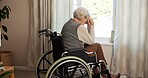 Sad, thinking and old woman in wheelchair, nursing home and remembering bad decision and retirement. Unhappy, anxiety and senior person with disability, thoughts and contemplating choice with regret