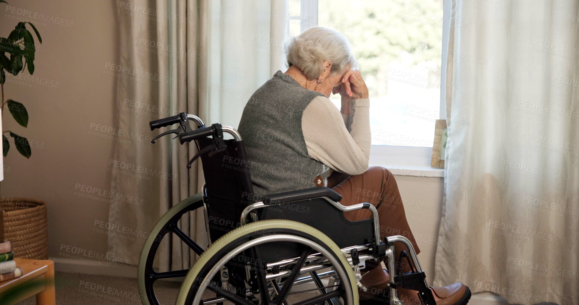 Buy stock photo Sad, thinking and old woman in wheelchair, nursing home and remembering bad decision and retirement. Unhappy, anxiety and senior person with disability, thoughts and contemplating choice with regret