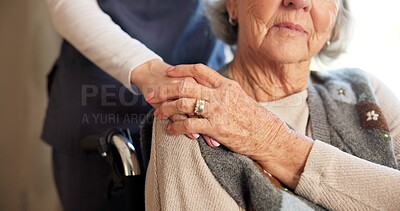 Buy stock photo Support, nurse and hand on shoulder with old woman for empathy, health comfort and wheelchair. Trust, medical caregiver and person with disability, help and home care with connection in retirement