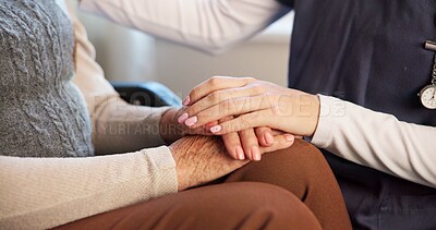 Buy stock photo Nursing home, nurse and holding hands with patient, healthcare service and senior care with empathy. Assisted living, caregiver and elderly person with illness, compassion and comfort with gesture