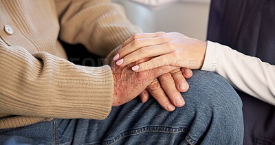 Buy stock photo Support, nurse and holding hands with senior person in home for hope, healthcare and comfort. Trust, medical caregiver and patient with empathy, help and kindness with understanding in retirement