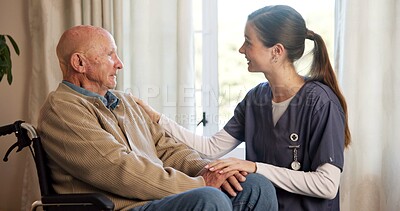 Buy stock photo Wheelchair, nurse and holding hands with old man for support, healthcare and service appreciation. Happy caregiver, comfort and person with disability, medical checkup and retirement in home care