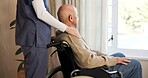 Caregiver, help and comfort with old man in wheelchair, nursing home and support for senior patient. Assisted living, nurse and elderly person with disability, healthcare and compassion with gesture