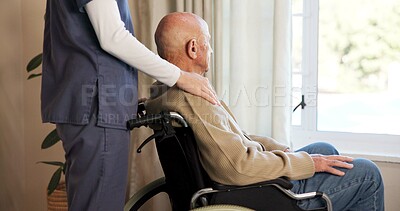 Buy stock photo Caregiver, help and comfort with old man in wheelchair, nursing home and support for senior patient. Assisted living, nurse and elderly person with disability, healthcare and compassion with gesture