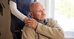 Comfort, nurse and holding hands with old man in house, trust and healthcare with wheelchair. Caregiver, empathy and person with disability, shoulder touch and medical care with retirement support