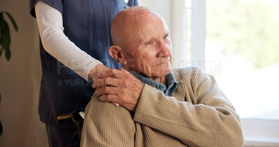 Buy stock photo Comfort, nurse and holding hands with old man in house, trust and healthcare with wheelchair. Caregiver, empathy and person with disability, shoulder touch and medical care with retirement support