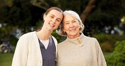 Buy stock photo Caregiver, portrait and senior woman in garden with smile, confidence or elderly care at nursing home. Happy, nurse and old person in backyard for retirement, friendly service or support for homecare