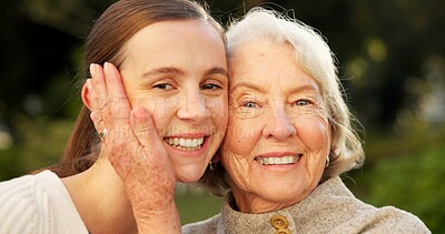 Buy stock photo Woman, portrait and senior mother in garden with smile, confidence or bonding at nursing home. Happy, adult daughter and old person in backyard for retirement, friendly visit or together for support