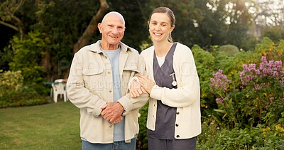 Buy stock photo Nurse, portrait and senior man in garden with smile, confidence or elderly care at nursing home. Happy, caregiver and old person in backyard for retirement, friendly service or support for homecare