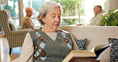 Buy stock photo Senior, woman and reading with book in retirement home for story, learning or knowledge. Elderly, female person or pensioner with novel on sofa for information, wisdom or activity in old age house