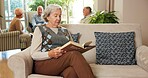 Elderly, woman and reading with book in retirement home for story, learning or knowledge. Senior, female person or pensioner with novel on sofa for information, wisdom or activity in old age house