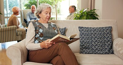 Buy stock photo Elderly, woman and reading with book in retirement home for story, learning or knowledge. Senior, female person or pensioner with novel on sofa for information, wisdom or activity in old age house