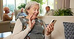 Senior, wave and happy woman with phone for video call, conversation or greeting in retirement home. Elderly, female person or smile with smartphone for online discussion, virtual chat or connection
