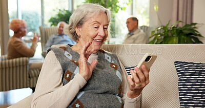 Buy stock photo Senior, wave and happy woman with phone for video call, conversation or greeting in retirement home. Elderly, female person or smile with smartphone for online discussion, virtual chat or connection