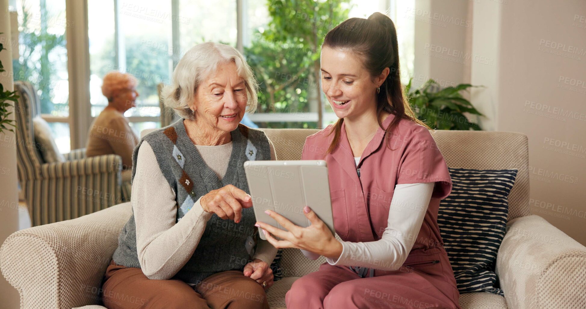 Buy stock photo Tablet, checkup and nurse with senior woman on sofa in retirement home for research on diagnosis. Digital technology, discussion and healthcare worker with elderly patient for medical consultation.