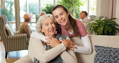 Buy stock photo Hug, nurse and portrait with senior woman in retirement home for assisted living or healthcare. Female person, caregiver or smile with patient for elderly care, support or trust in nursing house