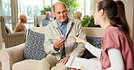 Elderly, man and nurse with pills in retirement home for medication or pharmaceutical advice. Senior, male person or caregiver talking to patient with tablets for medical help, cure or treatment