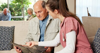 Buy stock photo Senior, woman or nurse with laptop on sofa for online healthcare, help or guidance in retirement home. Elderly, female person or assistance with man on computer for telehealth app, web or connection