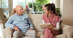Elderly, man or nurse with clipboard on sofa for online healthcare or assistance in retirement home. Senior, female person or discussion with patient checklist for daily routine or schedule in house