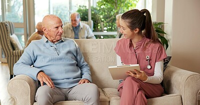 Buy stock photo Elderly, man or nurse with clipboard on sofa for online healthcare or assistance in retirement home. Senior, female person or discussion with patient checklist for daily routine or schedule in house