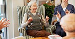 Senior, nurse and happy woman with hand game, activity or fun exercise in retirement home together. Elderly, female person or caregiver with smile for sign language, gesture signal or entertainment