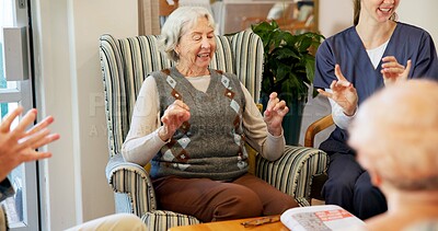 Buy stock photo Senior, nurse and happy woman with hand game, activity or fun exercise in retirement home together. Elderly, female person or caregiver with smile for sign language, gesture signal or entertainment