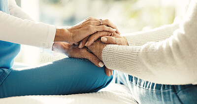 Buy stock photo Holding hands, consultation and nurse with senior woman in house for medical checkup with comfort. Empathy, compassion and caregiver with elderly patient for healthcare or support in nursing home