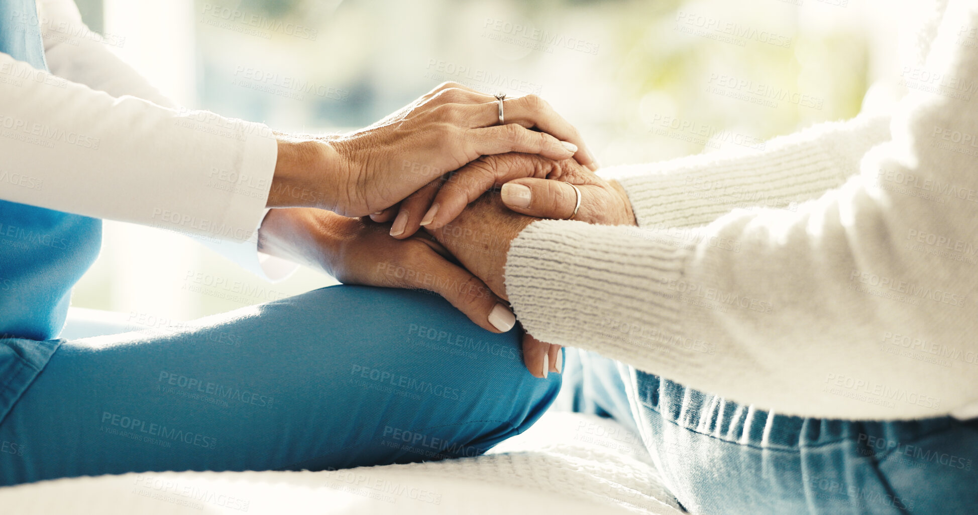 Buy stock photo Holding hands, consultation and nurse with senior woman in house for medical checkup with comfort. Empathy, compassion and caregiver with elderly patient for healthcare or support in nursing home