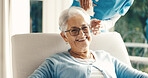 Portrait, senior and happy woman with nurse in retirement home for assisted living or healthcare. Female person, smile or glasses with health worker or caregiver for elderly care or service in house