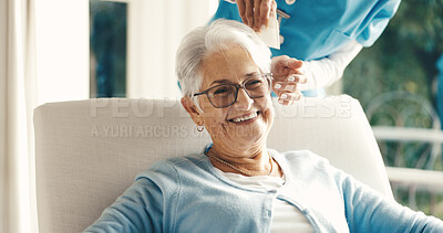 Buy stock photo Portrait, senior or happy woman with nurse for hair care, assisted living or combing hair in home. Elderly, female person or smile with glasses, health worker or caregiver grooming hairstyle in house