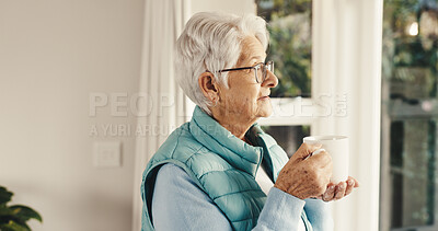 Buy stock photo Senior, woman and thinking by window with tea, remember past history and daydream in retirement home. Peaceful, elderly person relax and reflection in house with warm drink, memories and nostalgia.