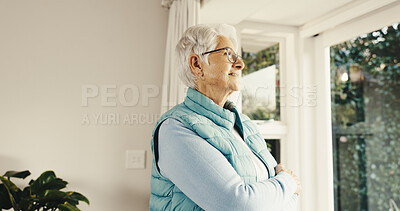 Buy stock photo Thinking, window and senior woman in home with reflection, memory or reminder of retirement. Remember, smile and elderly person in house with nostalgia, choice or decision on pension in living room.