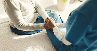 Buy stock photo Holding hands, bedroom and nurse with senior woman in house for medical checkup with comfort. Empathy, compassion and caregiver with elderly patient for healthcare, trust or support in nursing home