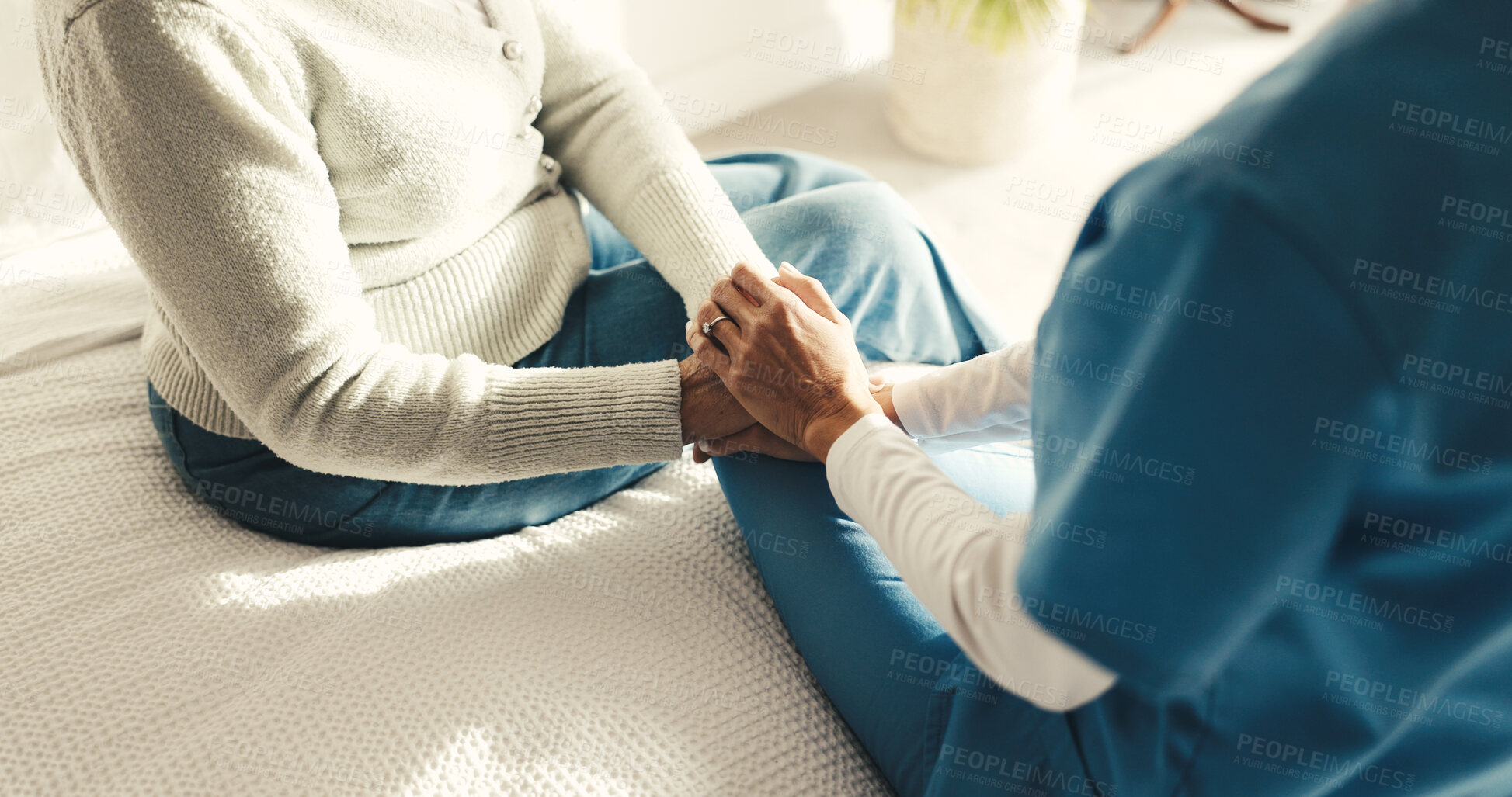 Buy stock photo Holding hands, bedroom and nurse with senior woman in house for medical checkup with comfort. Empathy, compassion and caregiver with elderly patient for healthcare, trust or support in nursing home