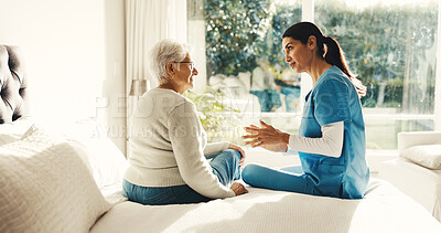 Buy stock photo Discussion, support and nurse with senior woman in bedroom at house for treatment planning. Talking, comfort and caregiver with elderly patient for medical service or checkup in nursing home.