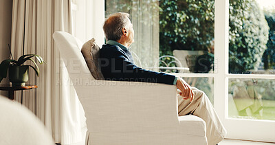 Buy stock photo Thinking, calm or old man at window with inspiration, daydreaming or memory in chill mindset. Retirement, back and elderly person with reflection, flashback and peaceful perspective in home.