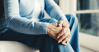 Buy stock photo Hands, massage and old woman in house with knee pain, osteoporosis symptoms and muscle inflammation. Senior person, legs and hurt in retirement home with joint injury, arthritis and fibromyalgia.
