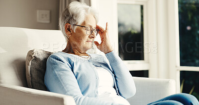Buy stock photo Elderly, headache and woman with eye strain in retirement home for fatigue, insomnia or dementia. Senior, female person or pain with migraine or glasses for stress, pressure or vertigo in house