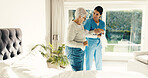 Senior, woman and nurse with patient in retirement home for assisted living or support in bedroom. Female person, healthcare worker or caregiver with helping hand for walking aid or elderly care