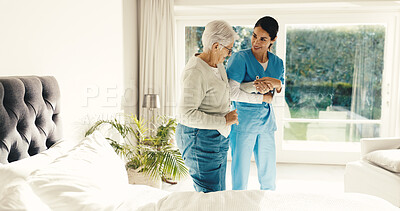 Buy stock photo Senior, woman and nurse with helping in retirement home for assisted living or support in bedroom. Female person, healthcare worker and caregiver with balance for walking aid or elderly care