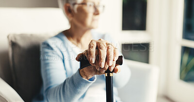 Buy stock photo Hands, old woman and thinking at house with cane, vision and daydreaming for recovery. Serious, reflection or senior person with disability, loneliness and remember decision for injury rehabilitation
