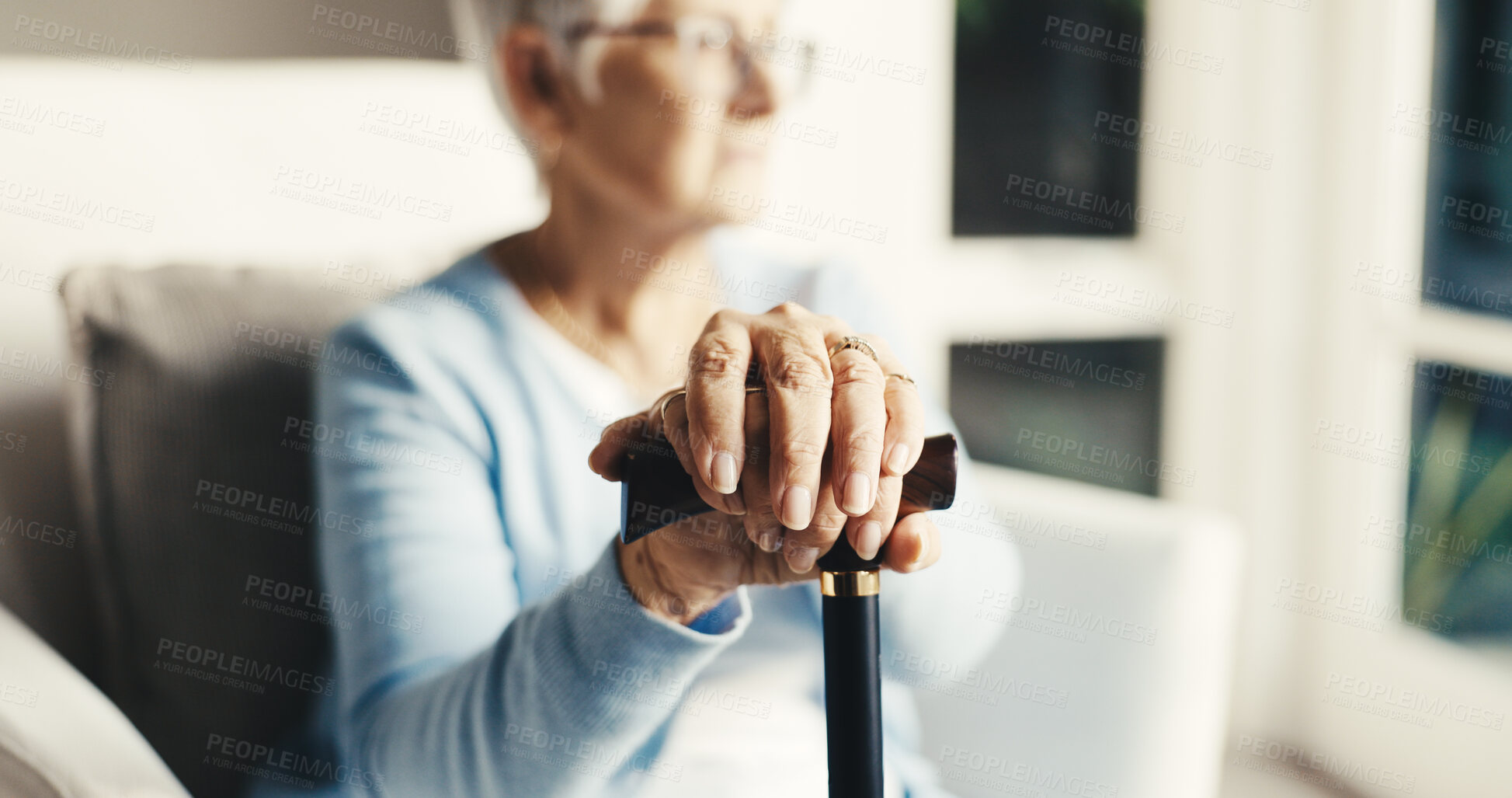 Buy stock photo Hands, old woman and thinking at house with cane, vision and daydreaming for recovery. Serious, reflection or senior person with disability, loneliness and remember decision for injury rehabilitation
