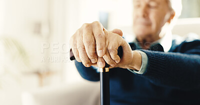 Buy stock photo Hands, cane and old man in home for reflection, retirement and space with balance, aid and vision. Person, elderly or pensioner with walking stick, mobility support and thinking with memory at house