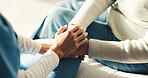 Holding hands, bedroom and nurse with elderly woman in house for medical checkup with comfort. Empathy, compassion and caregiver with senior patient for healthcare, trust or support in nursing home