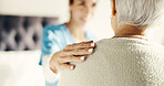 Nurse, hand and old person in bedroom for healthcare, discussion or support in retirement home. Happy people, caregiver and senior care with elderly patient for conversation, recovery or advice