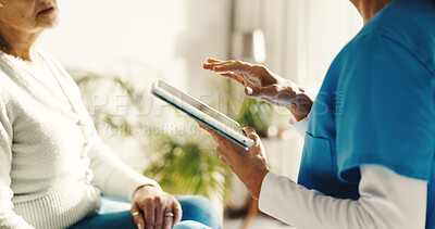 Buy stock photo Old woman, hands and nurse with tablet for healthcare, homecare records or wellness consultation. Patient, caregiver and person with tech in retirement home for medical advice or assessment report
