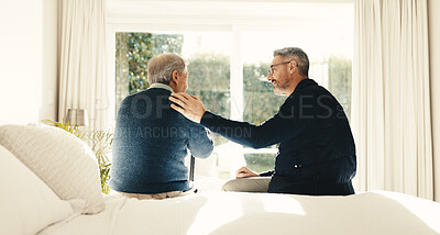 Buy stock photo Caregiver, man and elderly person in bedroom for healthcare, discussion or support in retirement home. Happy people, health worker or senior care with old patient for conversation, recovery or advice