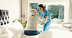 Elderly, woman or nurse helping patient in retirement home for medical help or assisted living. Female person, healthcare worker or caregiver lifting with smile for senior care or nursing in bedroom