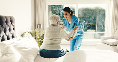 Buy stock photo Elderly, woman or nurse helping patient in retirement home for medical help or assisted living. Female person, healthcare worker or caregiver lifting with smile for senior care or nursing in bedroom